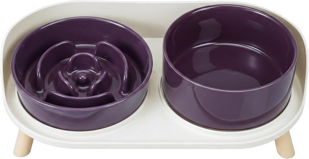 Elevated Slow Feeder Dog Bowls with Splash Proof Stand, Slow Eating 5X | 6.5″ Dog Slow Feeding Bowls & 6.1″ Dog Food Dish, Non-Slip Raised Food and Water Bowl Set for Small and Medium Breeds, Purple