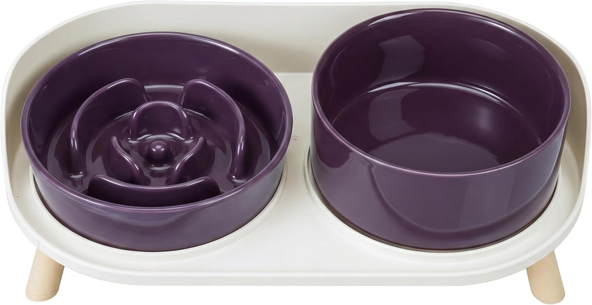 Elevated Slow Feeder Dog Bowls with Splash Proof Stand, Slow Eating 5X | 6.5″ Dog Slow Feeding Bowls & 6.1″ Dog Food Dish, Non-Slip Raised Food and Water Bowl Set for Small and Medium Breeds, Purple
