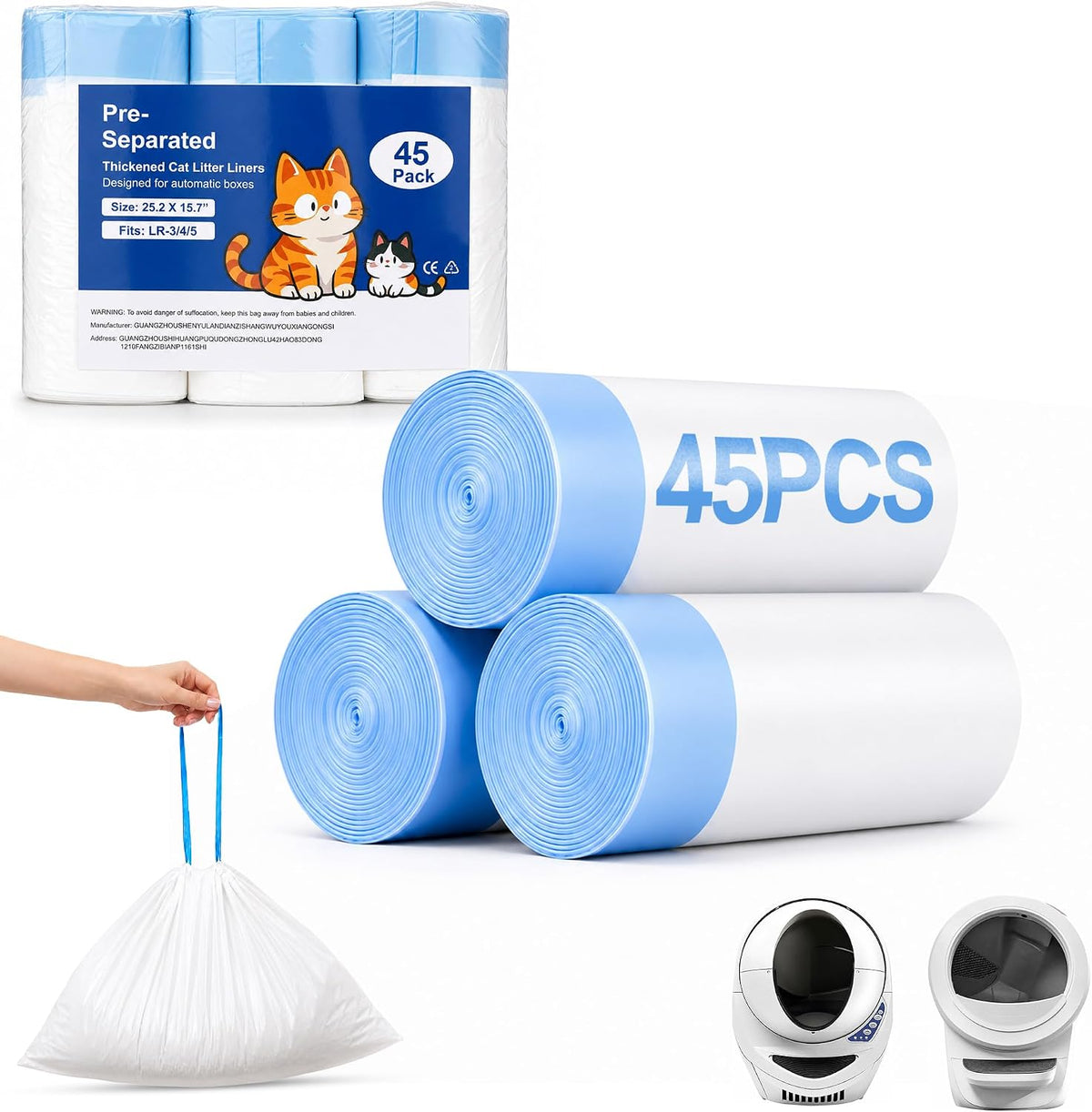 45 Count Automatic Litter Box Liners Compatible with Litter Box Robot