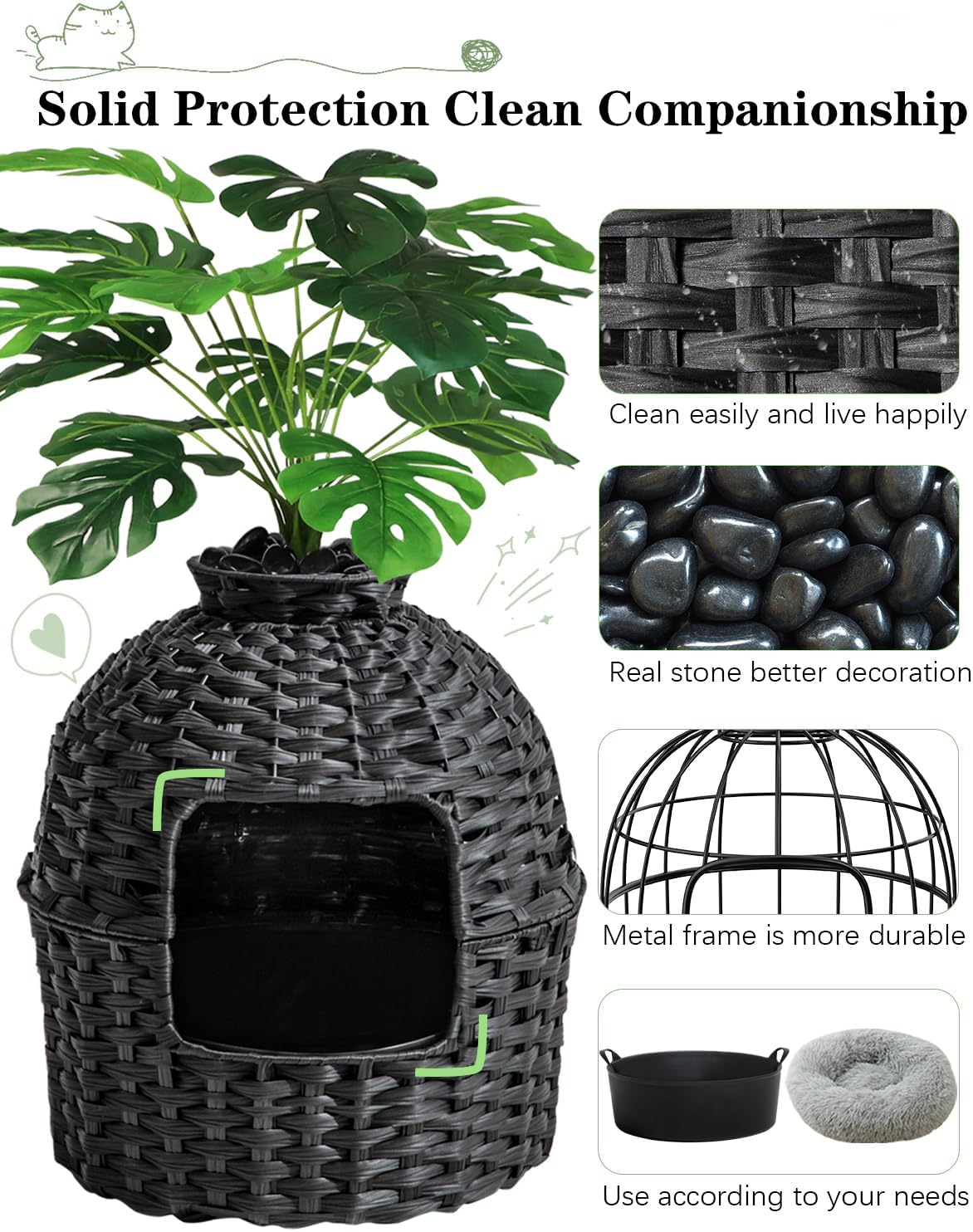 SETVSON Cat Litter Box Plant Furniture Enclosure, PE Rattan House, Black