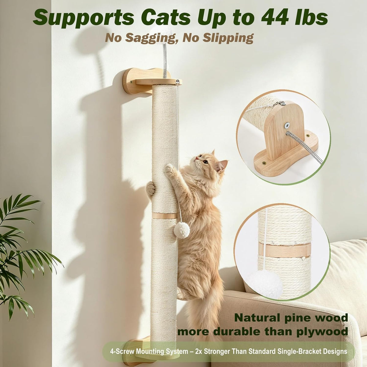 EMUST Cat Wall Scratcher 2 Pack 66", Tall Sisal Scratch Post for Large Cats