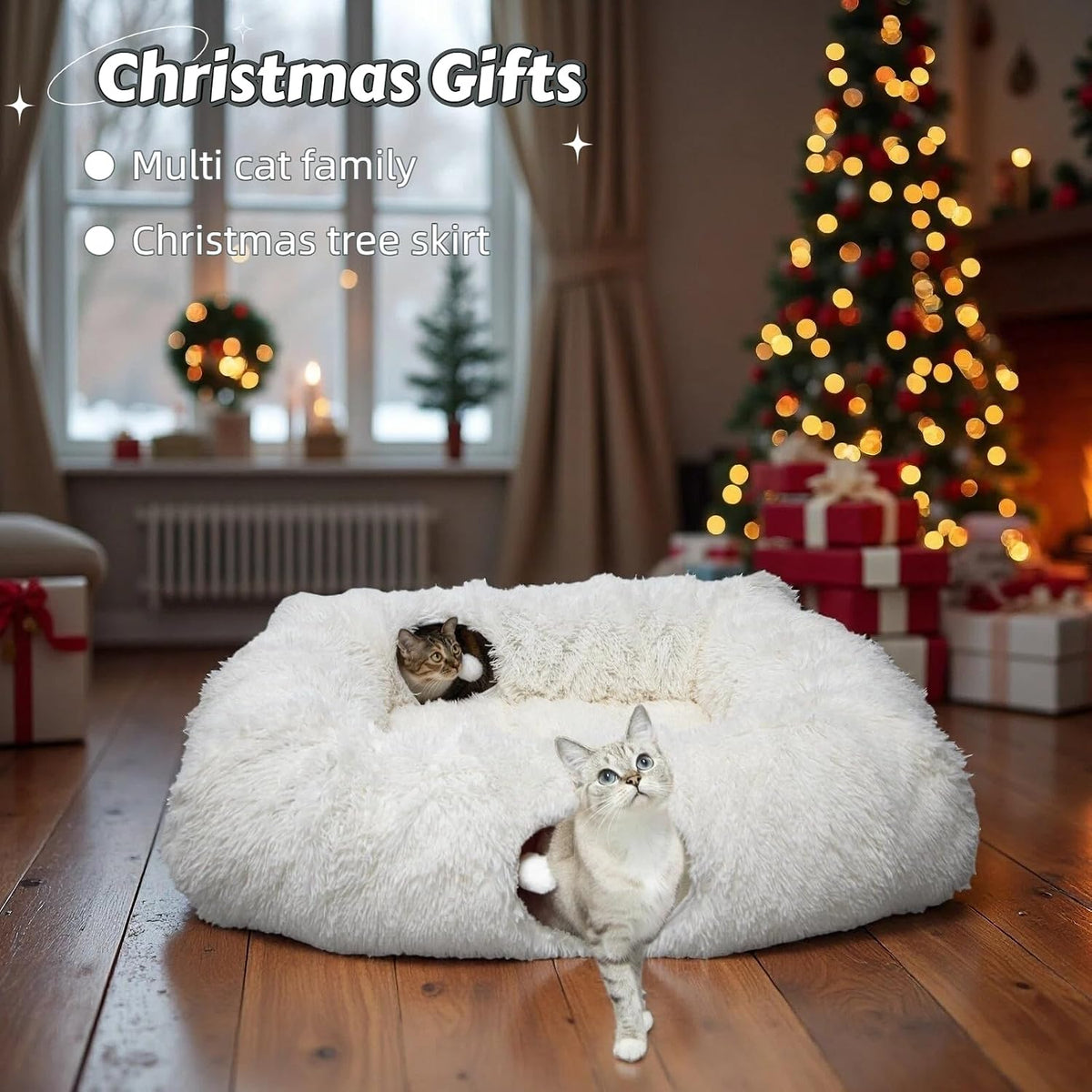 XxingSheep 4 Cave Shuttled XL Cat Tunnel Bed for Indoor Cats Peekaboo Toy Donut with Warm Mat, White