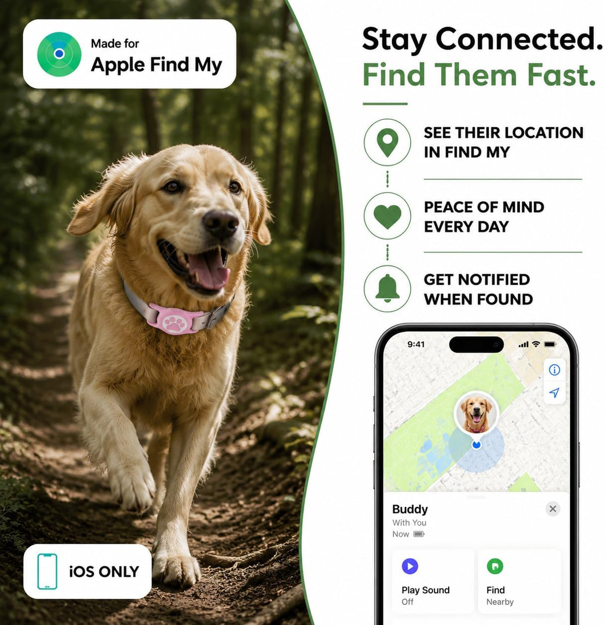 Dog Tracker with Apple Find My, GPS Pet Tracker for Dogs and Cats
