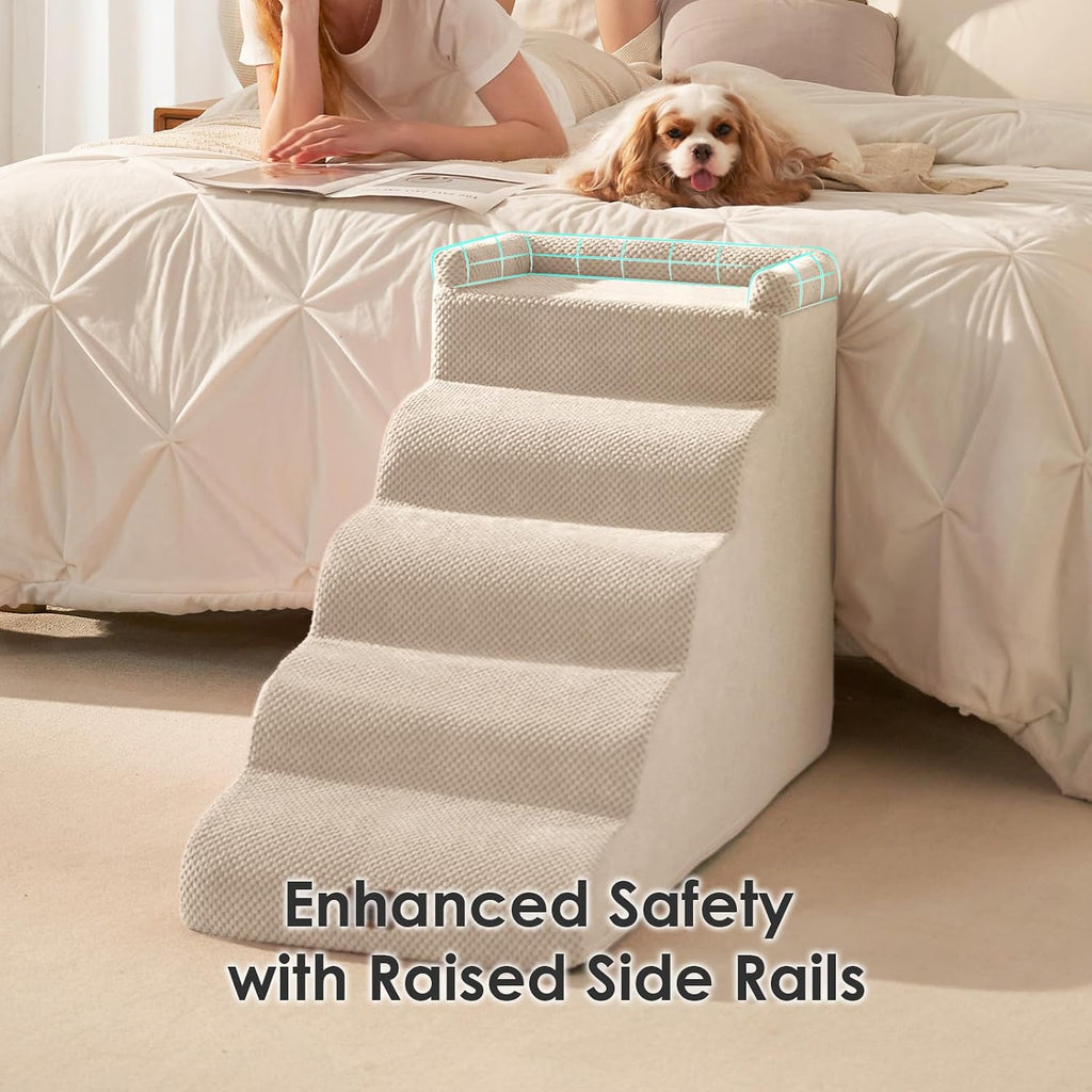 EHEYCIGA 5-Step Curved Dog Stairs for High Beds 20.7" H, Beige