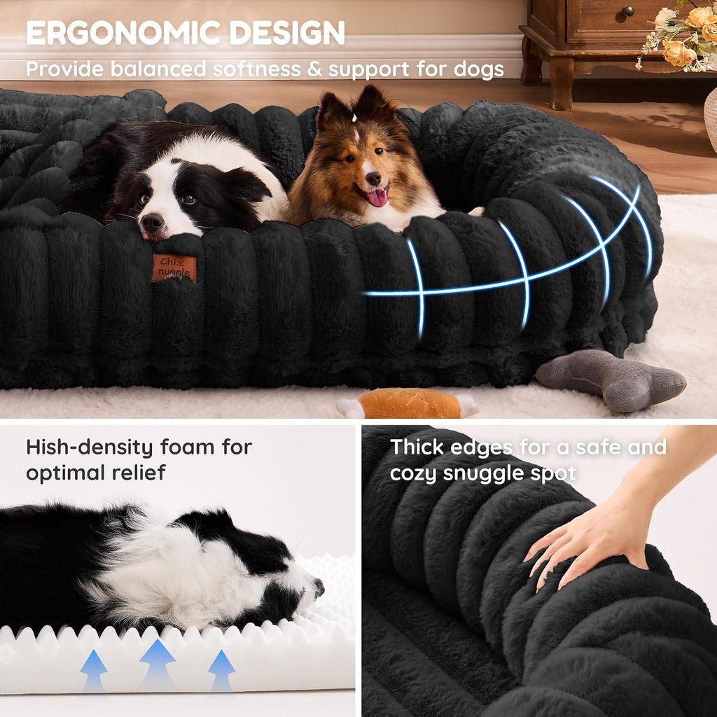 ChiXnuggle Orthopedic Human Dog Bed,Striped Faux Fur Washable Cover,Blanket