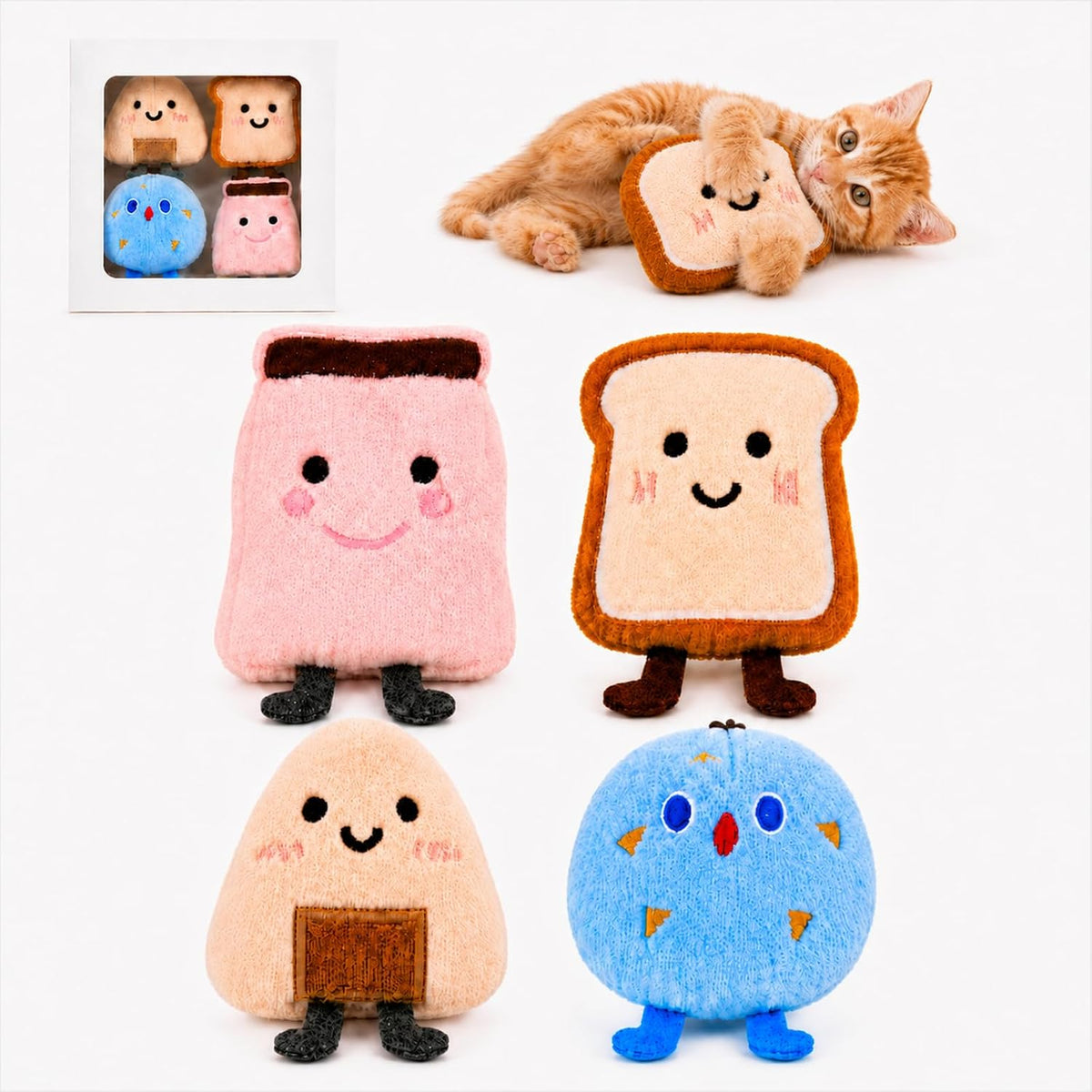 Catnip Toys for Cats, Cat Toys for Indoor Cats, 4 Pack Interactive Plush Food-Shaped Kicker Set with Jingle Bells for Kittens, Batting and Bunny Kick Play, Toast, Milk Carton, Rice Ball and Cookie