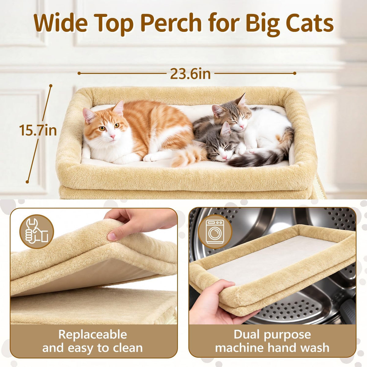 Cat Tree Tower with 15.7x23.6 Perch Bed for Indoor Cats, Beige