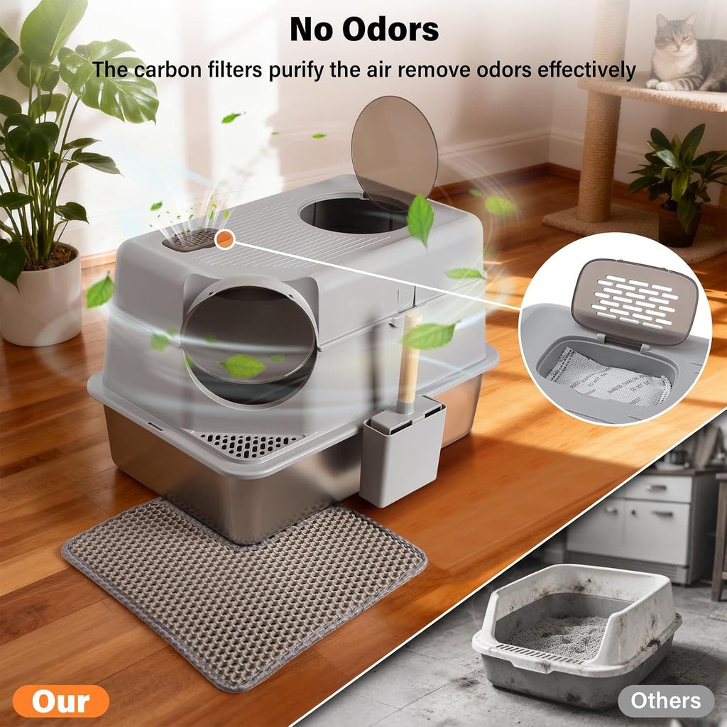 Stainless Steel Litter Box with Lid,Extra Large Enclosed cat Litter Box | Enclosed Metal litterbox with Flip Top,Front and Top Entry,Anti-Leakage,Easy Cleaning,Includes Scoop & Mat
