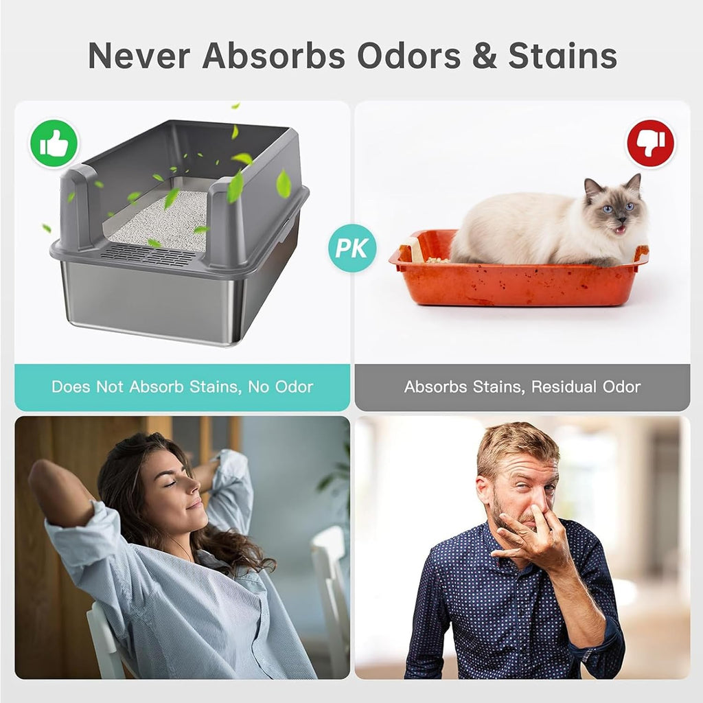 Stainless Steel Litter Box, Open Top High Sided Cat Litter Box for Big Cat | XL, 1 Scoop, Anti-Urine Leakage, Non-Stick Odor-Free, Easy Clean, High Sides Block Spray, Reduce Litter Tracking, Durable