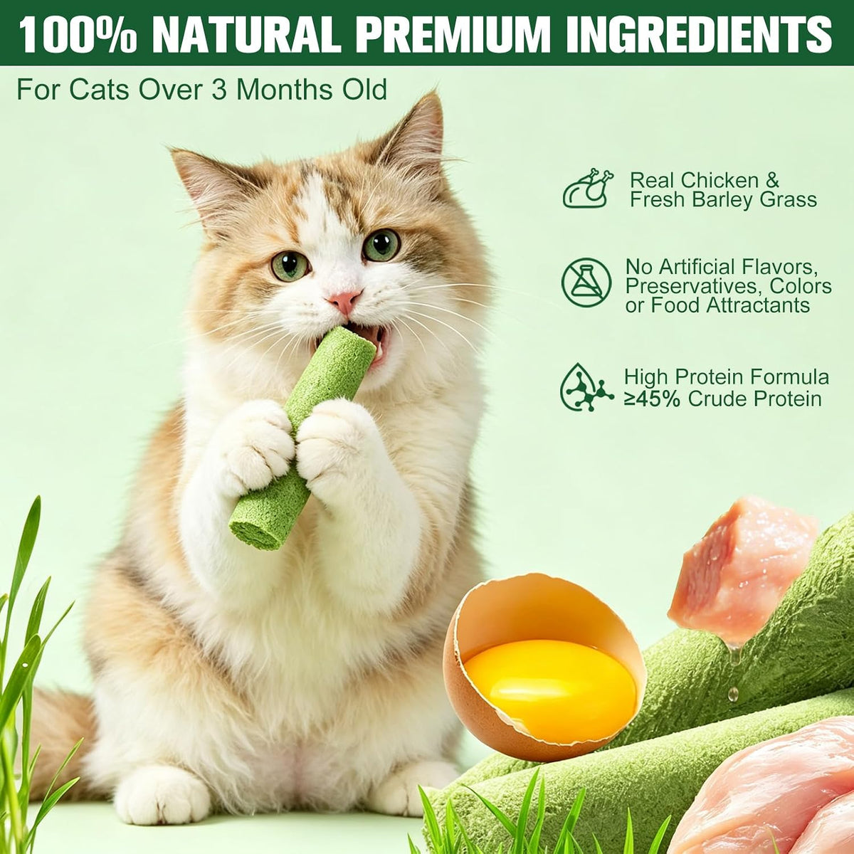 Cat Grass Teething Sticks for Cats, 200g/7.05oz Natural Edible Cat Chew Sticks with Real Chicken & Cat Grass, Teeth Cleaning, Hairball Control & Teething Relief Treats for Cats Over 3 Months Old