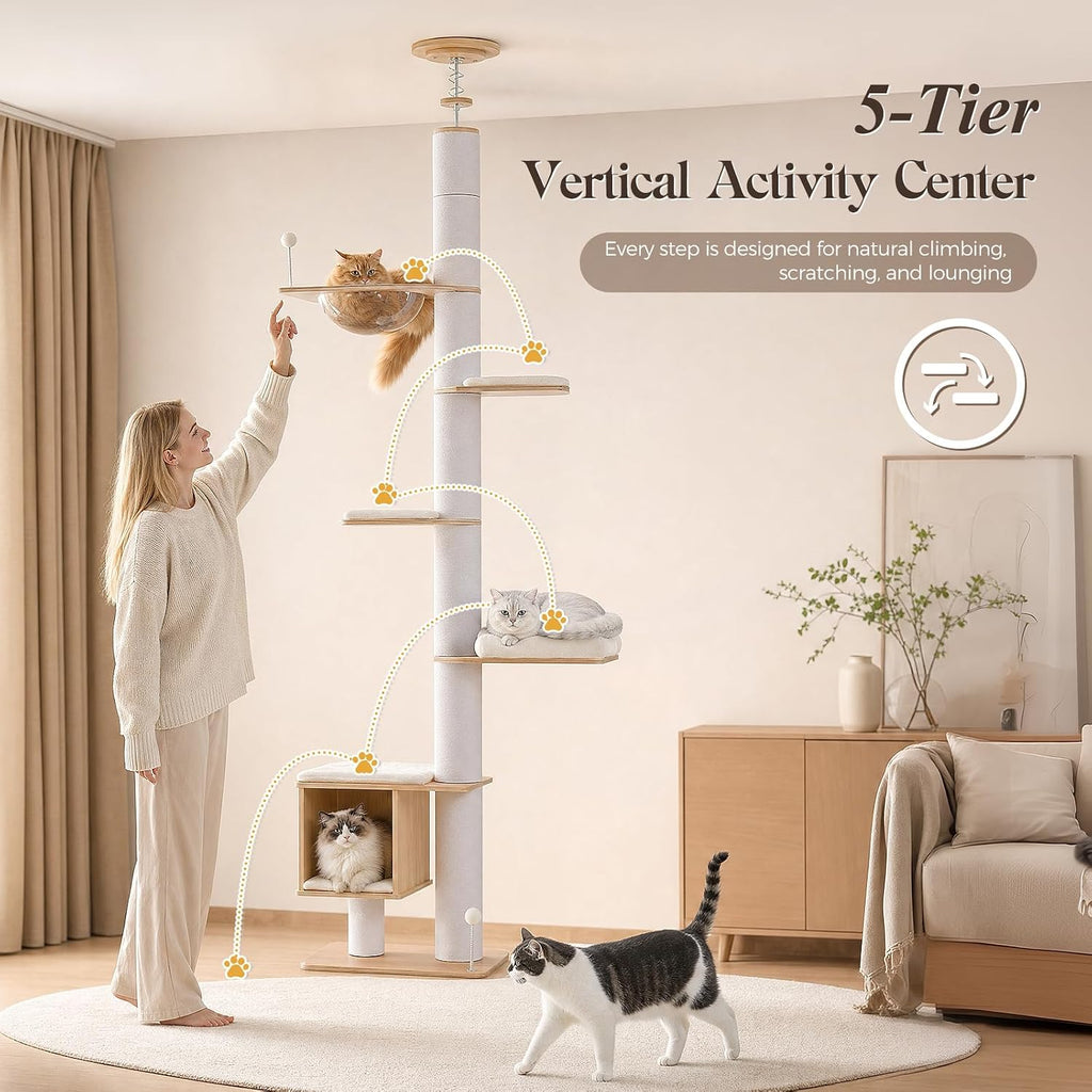 PAWZ Road Floor to Ceiling Tall Cat Tree, 7.6-9.4ft Modern Wood Cat Tower