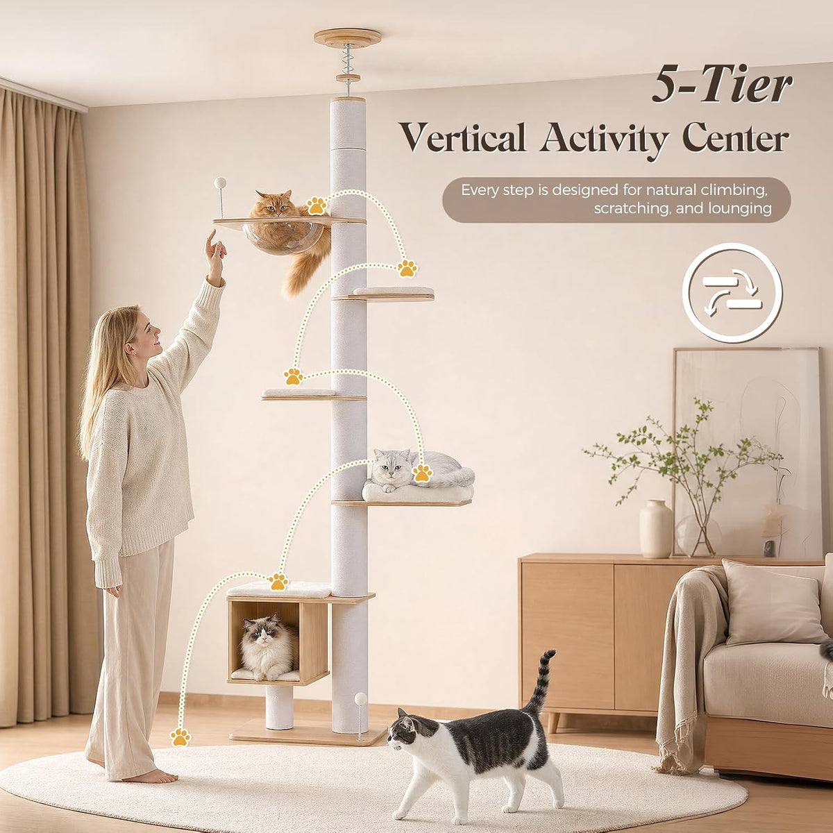 PAWZ Road Floor to Ceiling Tall Cat Tree, 7.6-9.4ft Modern Wood Cat Tower