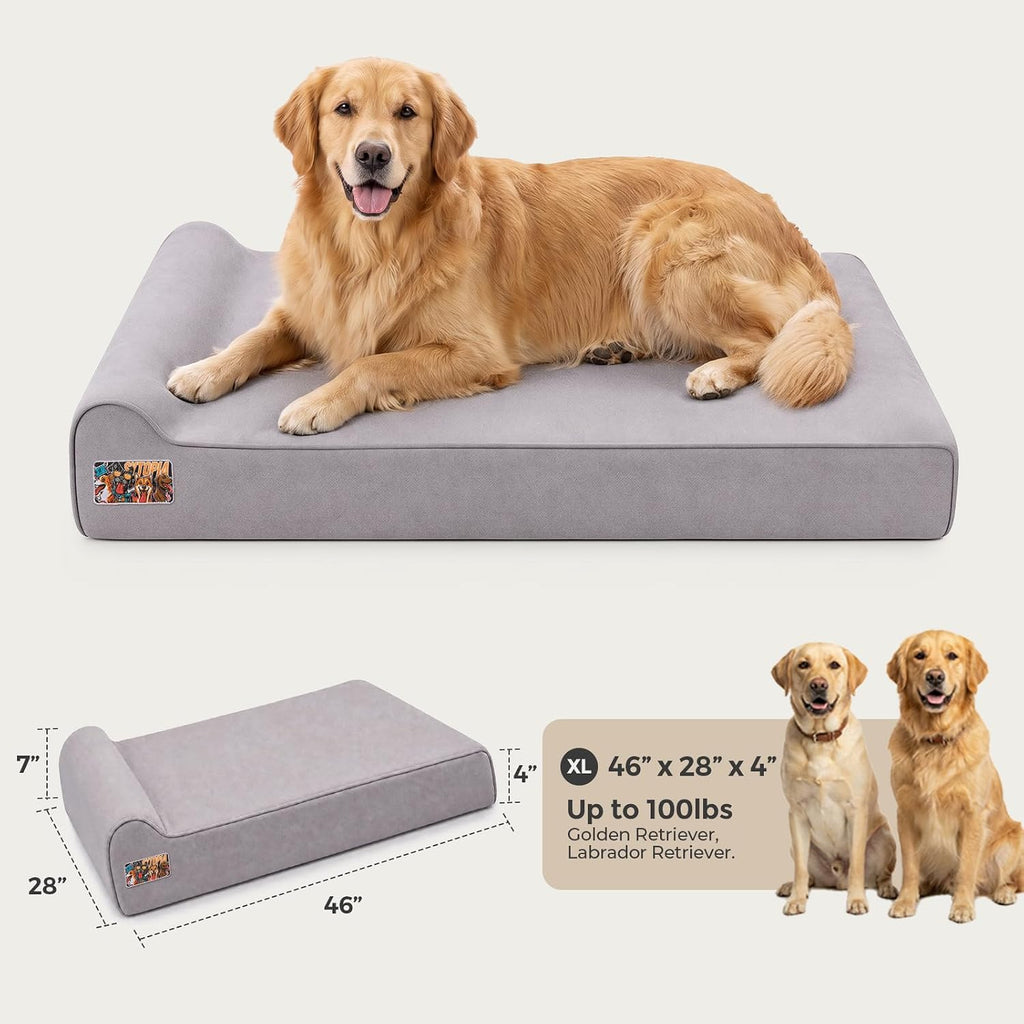 Sytopia Orthopedic Dog Beds for Large Dogs – 4" Extra Thick Memory Foam Pet Couch for Senior Dogs and Great Danes with Waterproof Liner & Washable Cover, Nonskid Bottom, 46"x28"x4", Grey
