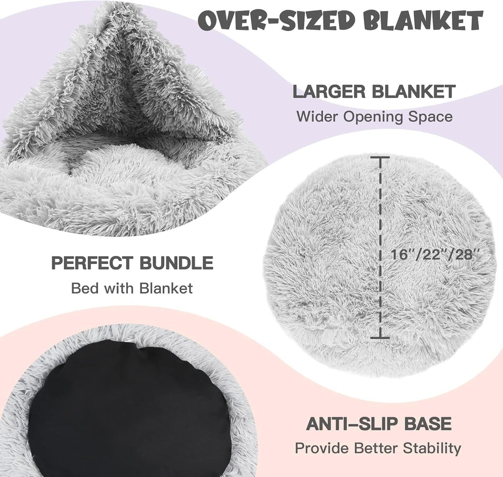 Himax Covered Large Dog Bed with Blanket Attached Calming Burrow Light Grey