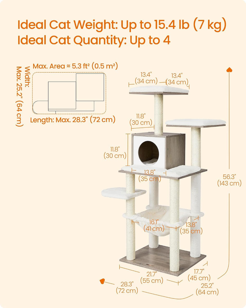 Feandrea Cat Tree, 56.3-Inch Contemporary Cat Tower, Multi-Level Condo