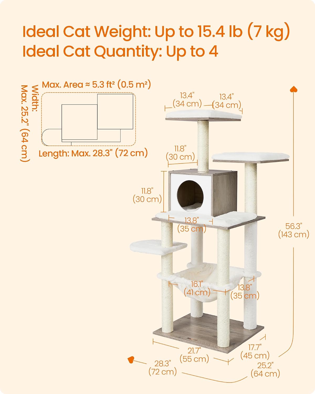 Feandrea Cat Tree, 56.3-Inch Contemporary Cat Tower, Multi-Level Condo
