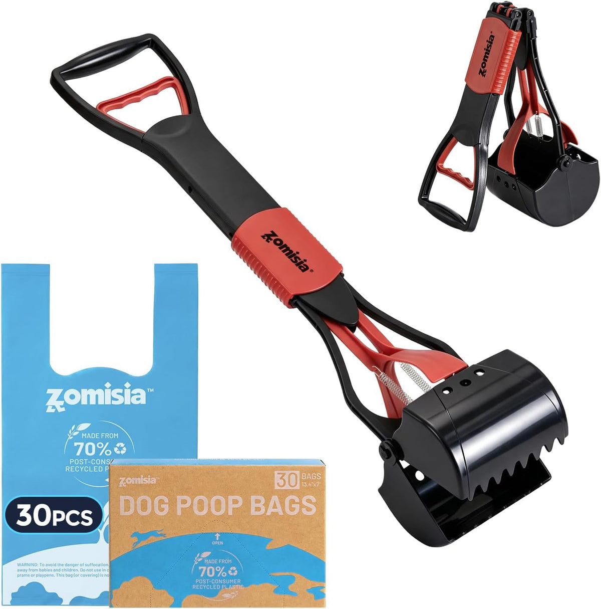 ZOMISIA 26" Pooper Scooper with Waste Bags - Poop Scooper for Large Dogs with Long Handle High Strength Material and Durable Spring for Yard, 30 Count Poop Bags