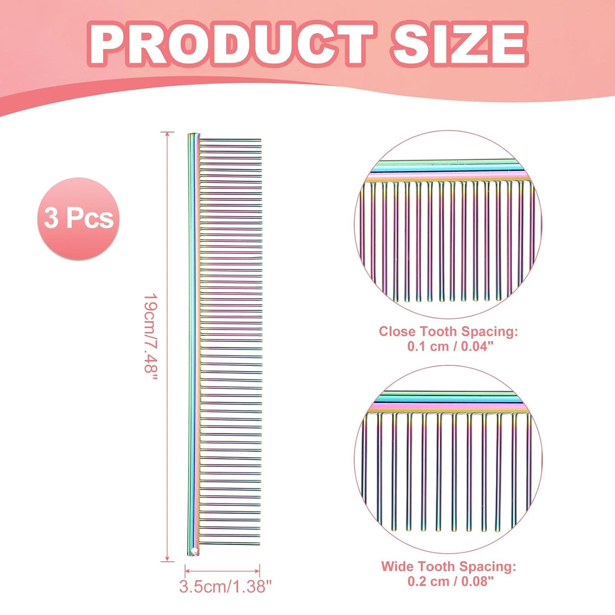 Dog Cat Comb, Pet Combs Stainless Steel Teeth with Rounded Ends for Knots Mats Loose Hair Removal, 7.5IN (Colorful Plated, 3 Pack), Grooming Tool Intended for Long Curly Hair Pet