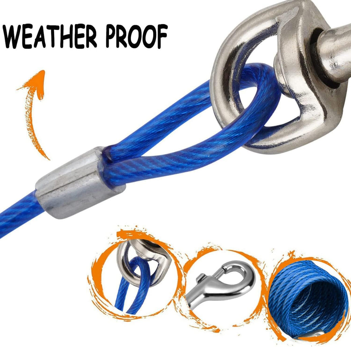 12 Foot Pet Coiled Tie Out Cable - Blue - Retracts Easily and Quickly to Avoid Tangles