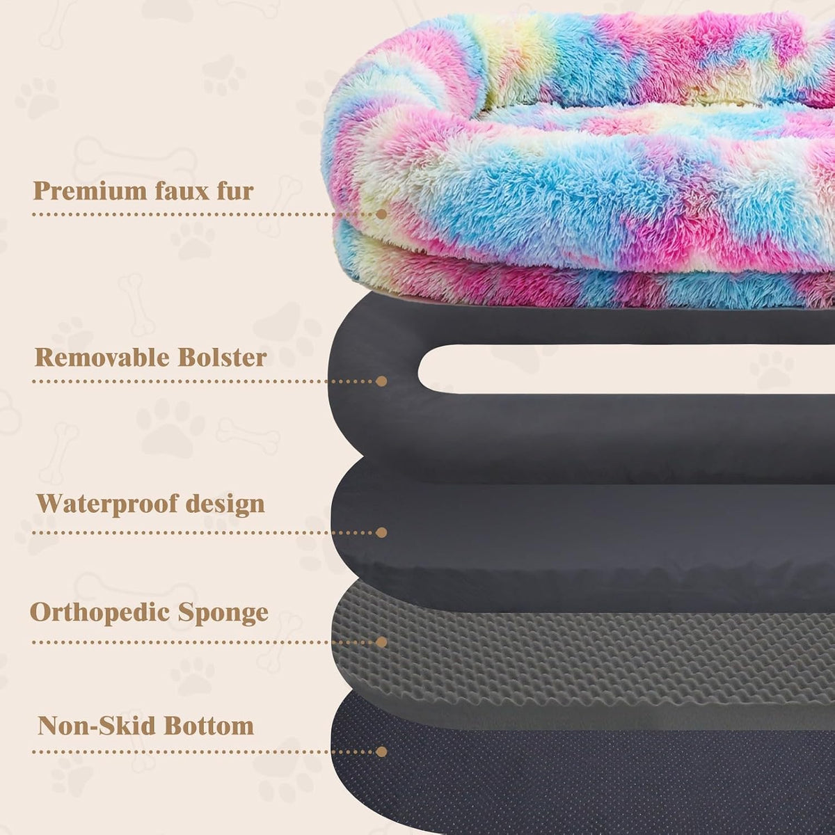 WROS Human Dog Bed for Adult, 71"x45"x12" Giant Calming Nest Beds, Rainbow