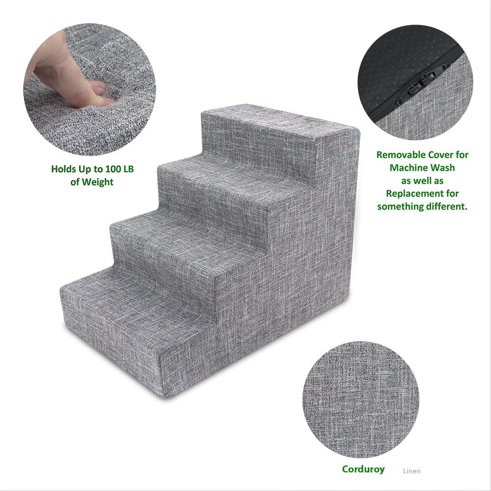 Best Pet Supplies Dog Stairs & Steps - Foam Steps for Small Dogs & Cats, Non-Slip Indoor Balanced Pet Step Support, Dog Ramp, No Assembly, Ash Gray Linen, 4-Step (18-inch Height)