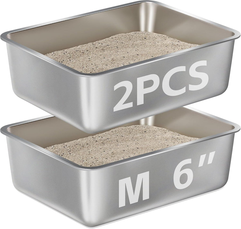 Stainless Steel Cat Litter Box,Medium Metal Litter Box 2pcs | 2 Pack Box for Cats,Easy to Clean,Indoor,Cat LitterBox for kitty/Kitten Rabbit,Litter Pan,No Smell