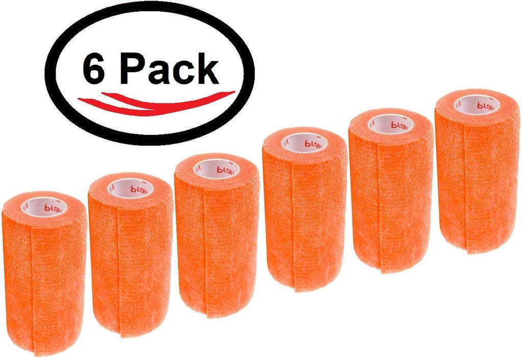 3 Inch Vet Wrap Tape Bulk (Orange) (Pack of 6) Self Adhesive Adherent Adhering Flex Bandage Grip Roll for Dog Cat Pet Horse