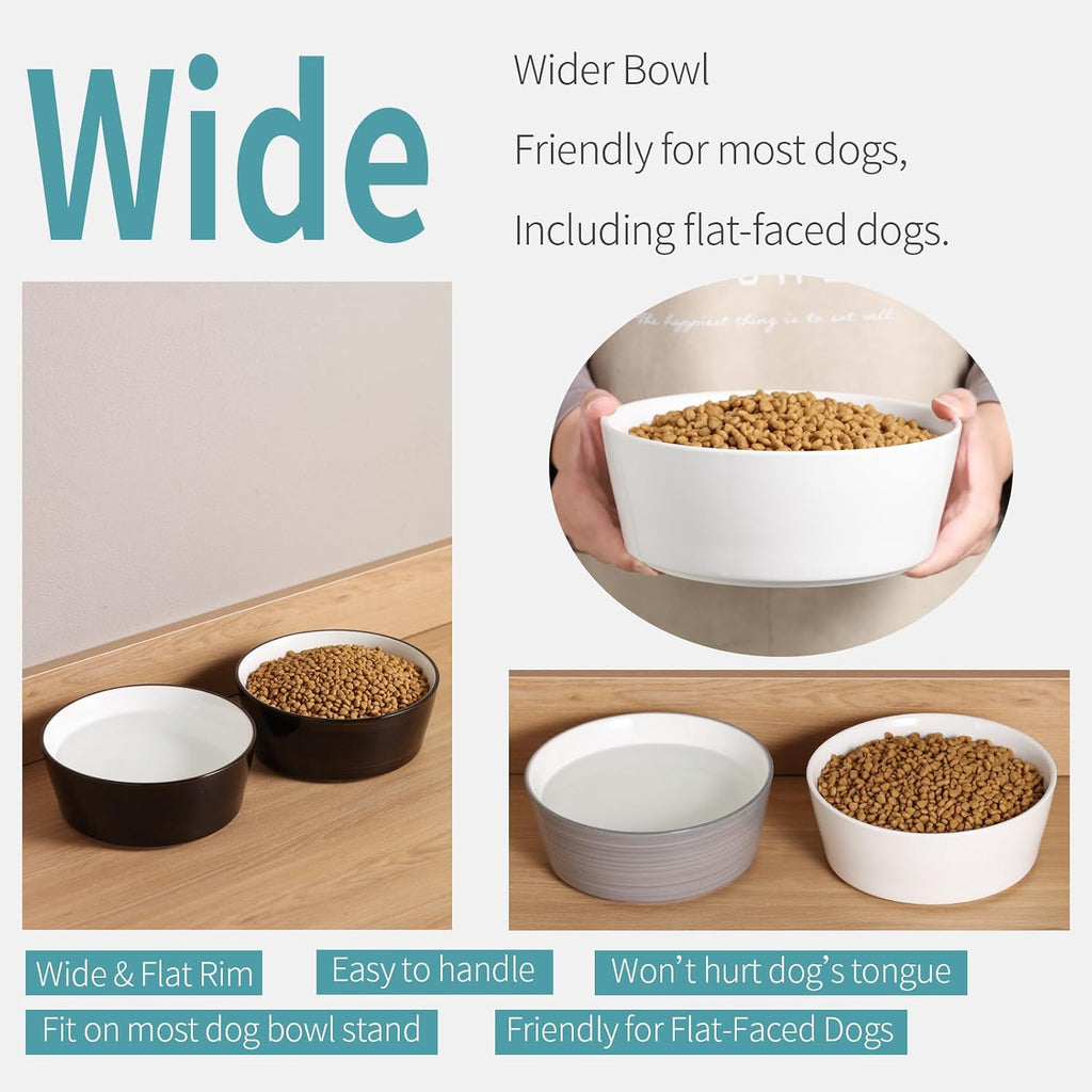 White Dog Bowl Ceramic for Medium Large Breed, Heavy Weighted Dog Food Water Dish, 8 in Non - Slip Modern Cute Extra Big Porcelain Pet Bowl Maze Wide Mouth