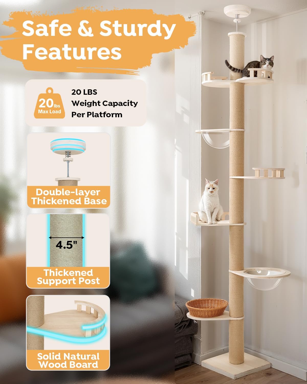 Veehoo Floor to Ceiling Cat Tree,102-122" Adjustable Tall Tension Cat Tower