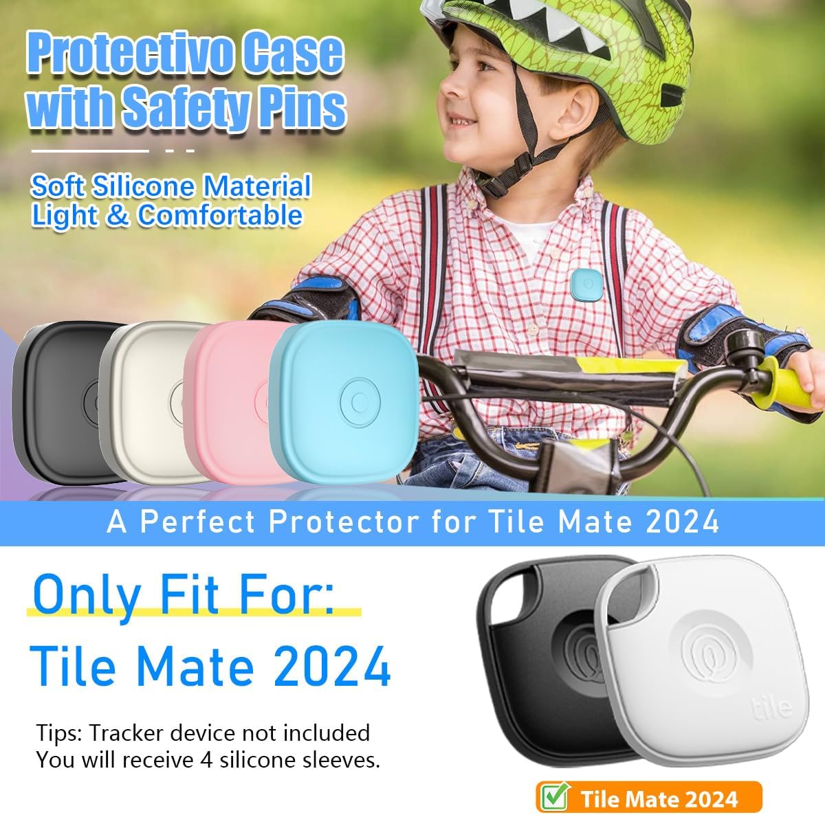 4-Pack Silicone Cases for Tile Mate 2024 with Pin, Waterproof Hidden Holder for Tile Life360 Mate Tracker Case for Child/Elderly/Pets Collar/Shoelaces/Clothes/Backpack (Black+White+Pink+Sky Blue)