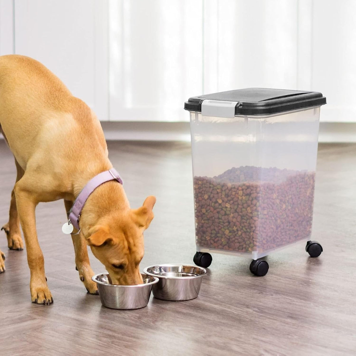 IRIS USA Dog Food Storage Container, Airtight, 30 lb Capacity, Wheels | Airtight seal keeps kibble, bird seed, and pet food fresh while wheels provide easy mobility around the home. 