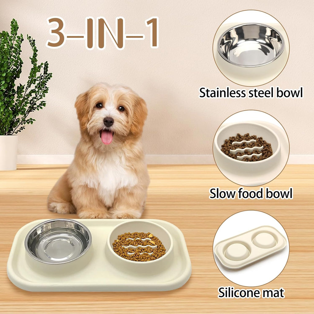 BNOSDM Slow Feeder Dog Cat Bowls, Stainless Steel with Silicone Mat Dog Food and Water Bowls Set, Pet Feeder to Slow Down Eating for Cats, Small Dog