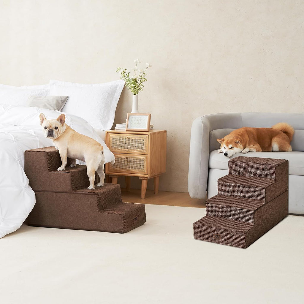 EHEYCIGA Dog Stairs for Bed 20" H, 4-Step Extra Wide Dog Steps, Brown