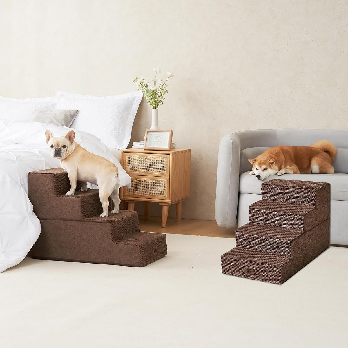 EHEYCIGA Dog Stairs for Bed 20" H, 4-Step Extra Wide Dog Steps, Brown