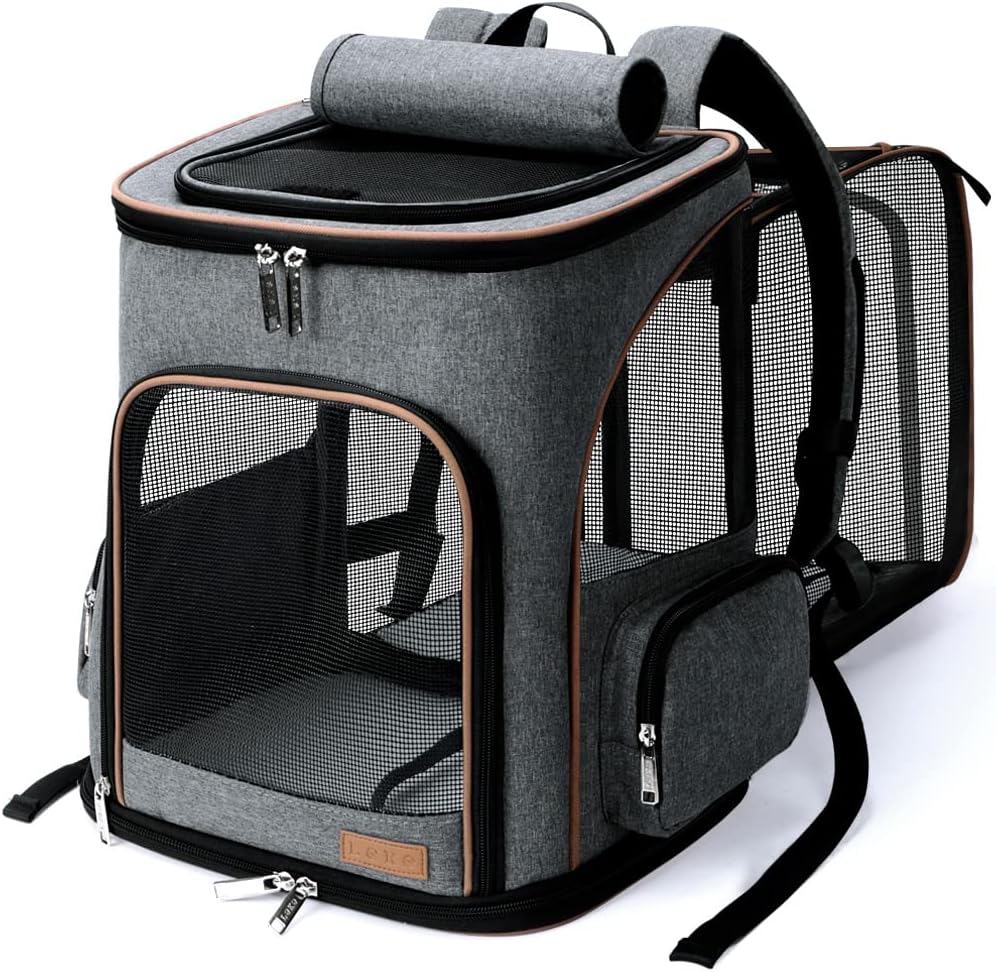 Lekereise Pet Carrier Backpack Expandable Cat Backpack Carrier for Small Dogs Large Cats Puppies, Dog Backpack Carrier for Hiking Travel Outdoor Hold Pets Up to 20 25 Lbs, Grey