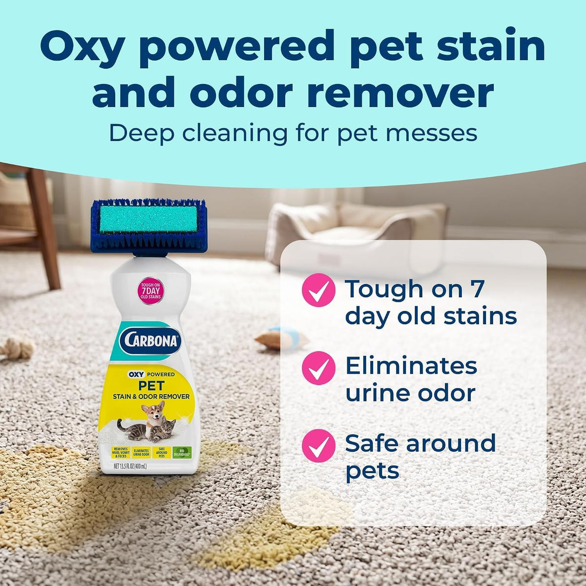 Carbona Oxy-Powered Pet Stain & Odor Remover, 2-in-1 Foaming Carpet Cleaner with Built-In Brush, Targets Urine, Vomit, Mud Messes from Dogs, Cats, 13.5 Oz (Pack of 3)