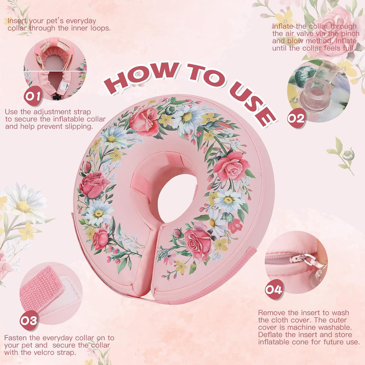 IEUUMLER Inflatable Recovery Dog Cone Collar, Neck Donut Protective ECollar, Adjustable Soft Collar for Dog and Cat After Surgery Prevent from Biting & Licking EU020 Floral Wreath M