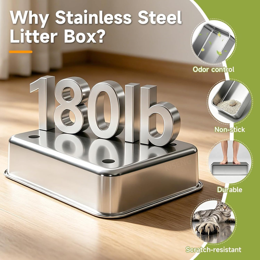 Stainless Steel Cat Litter Box, Large Odor-Free High-Sides | Low entry for easy access, suitable for senior & all cats, entry grid cleans paws, non-slip rounded edges, scoop included