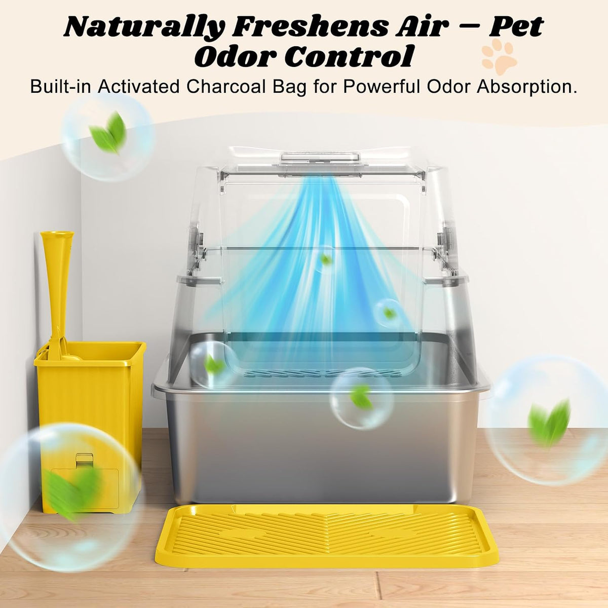 Stainless Steel Litter Box | Enclosed Cat Litter Box with Lid for Big Cats | High Sided Metal Litter Boxes | 100% Anti-Urine Leakage | Non-Stick with Litter Mat & Litter Scoop Set (Mustard Yellow)