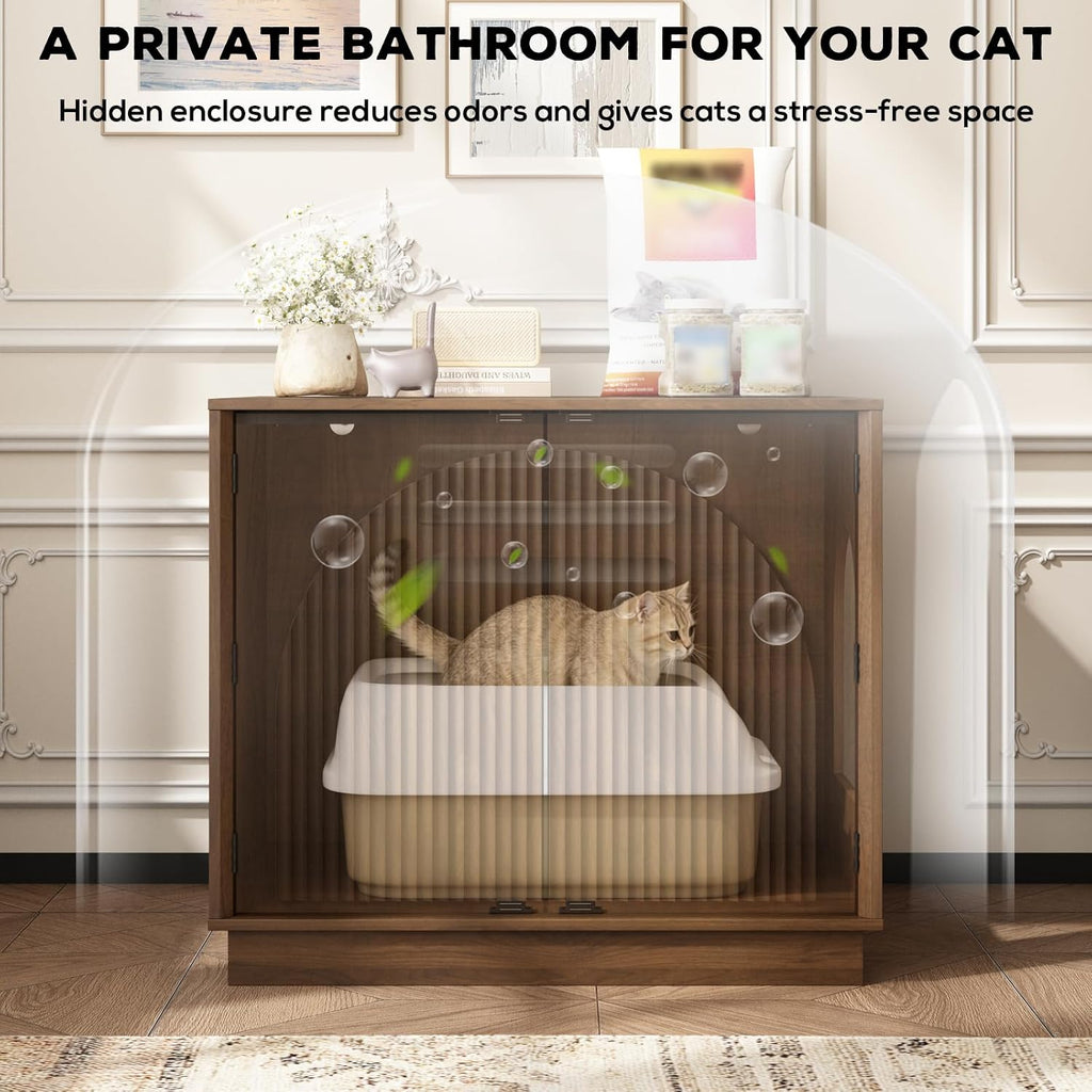 Cat Litter Box Enclosure, Modern Fluted Hidden Litter Box Furniture | 24.4" Tall Fits Most Litter Trays, Arched Fluted Door, Beveled Sides, 2.4" Reinforced Base, Rear Ventilation, Easy Assembly