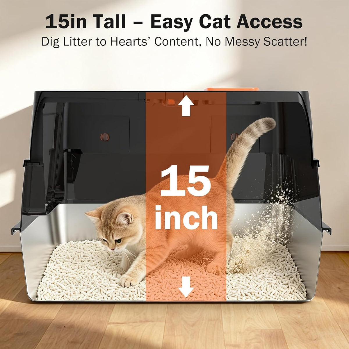 Stainless Steel Litter Box with Lid, Enclosed Metal Cat Litter Box with 120° Flip-Top & Built-in Handle, Easy Clean High-Sided Cat Pan with Cat Scoop Holder for Odor Control,Leak-Proof,Black