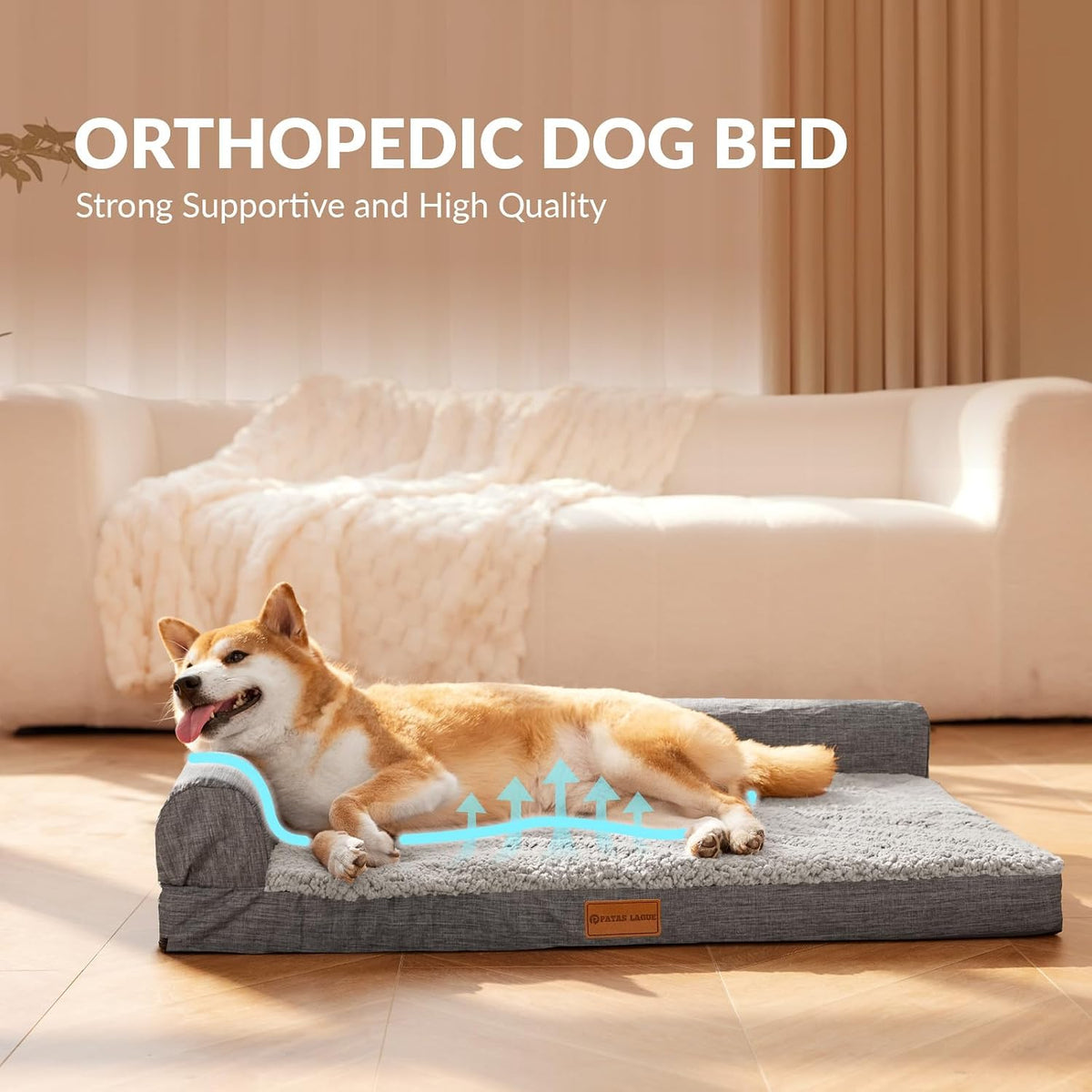 Patas Lague Orthopedic Large Dog Bed Washable Pet Sofa Bed 42''X28''Grey