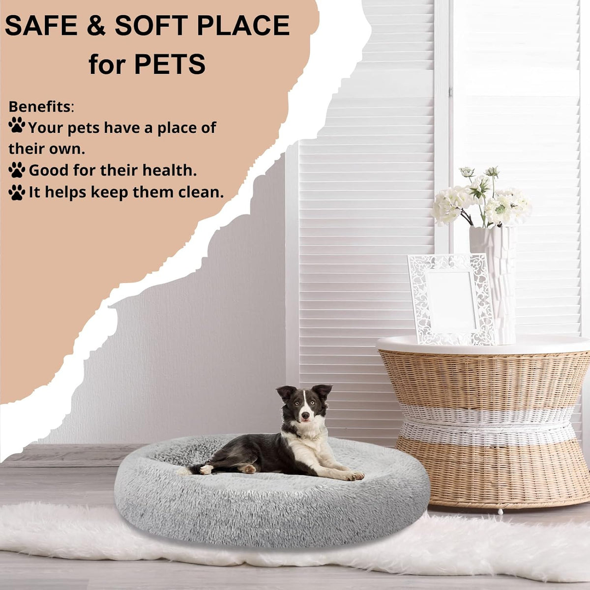 SAVFOX 54 inches Calming Donut Dog Bed - 3X Durable Plush Faux Fur, Machine Washable & Non-Slip, Fits up to 210 lbs, Removable Cover, Light Grey