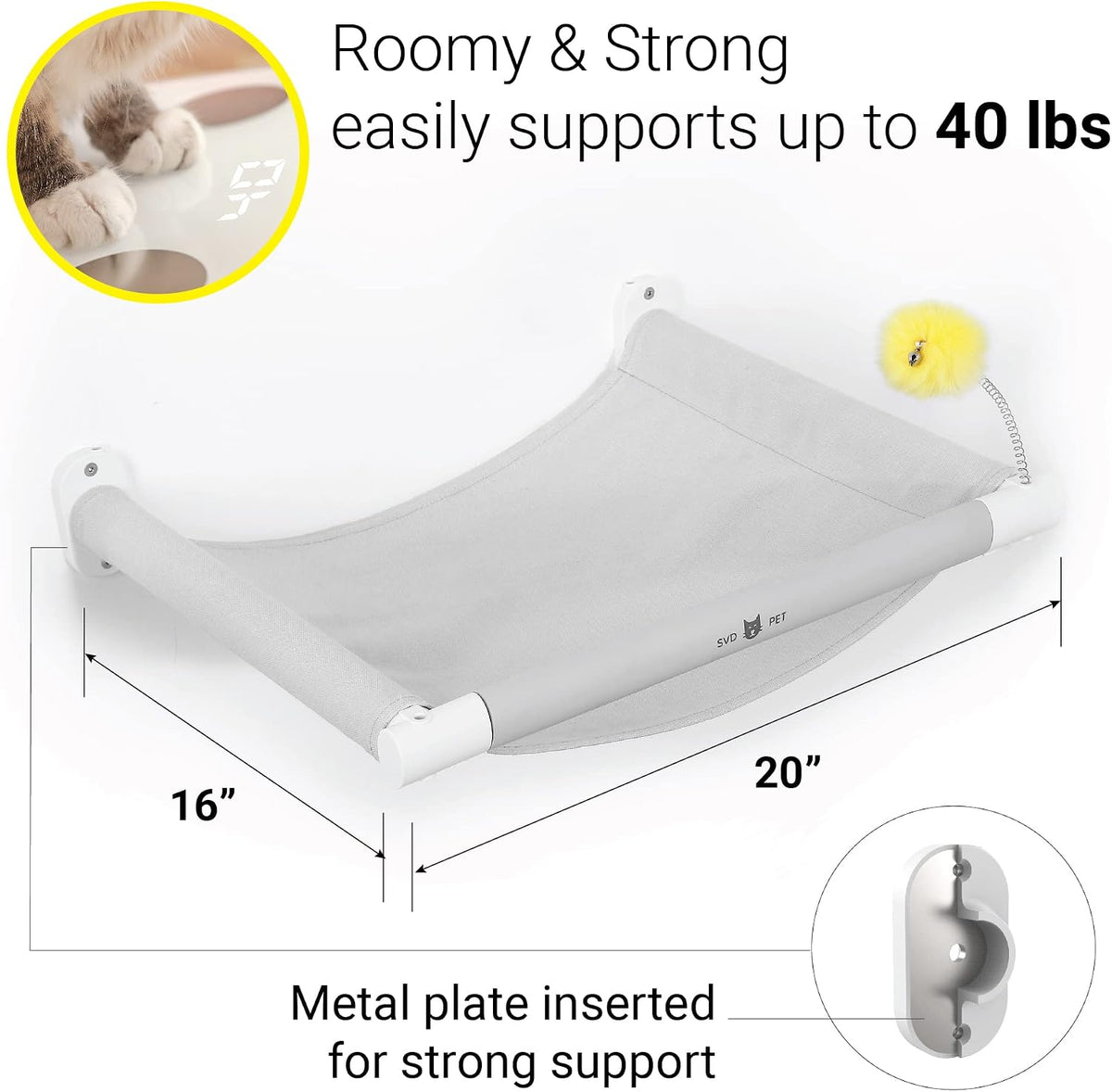 SVD.PET Cat Hammock Wall Mounted with Toy, Soft Padded & Comfortable Cover, Modern Design Premium Cat Furniture Shelf, Supports up to 40 lbs (Comfy Plus, White)