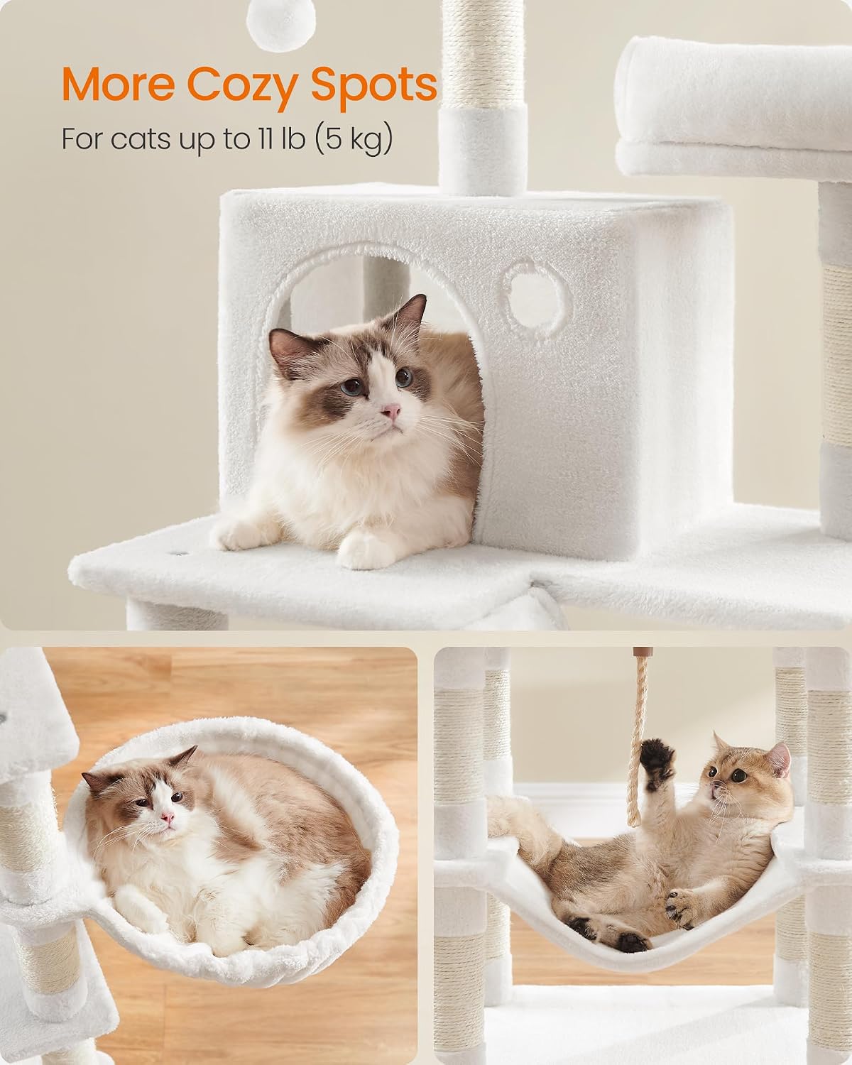 Feandrea Cat Tree, 66.1-in Large Cat Tower, Multi-Level Condo, Cream White