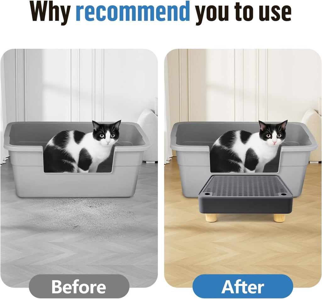 Extra Large Cat Litter Box Step Ramp, Cat's Litter Catcher Mat with Wooden Feet, Filter Function, Pedal Stool for Self-Cleaning Cat Litter Box, Ideal for Kitten & Elderly Cats (Dark Grey)