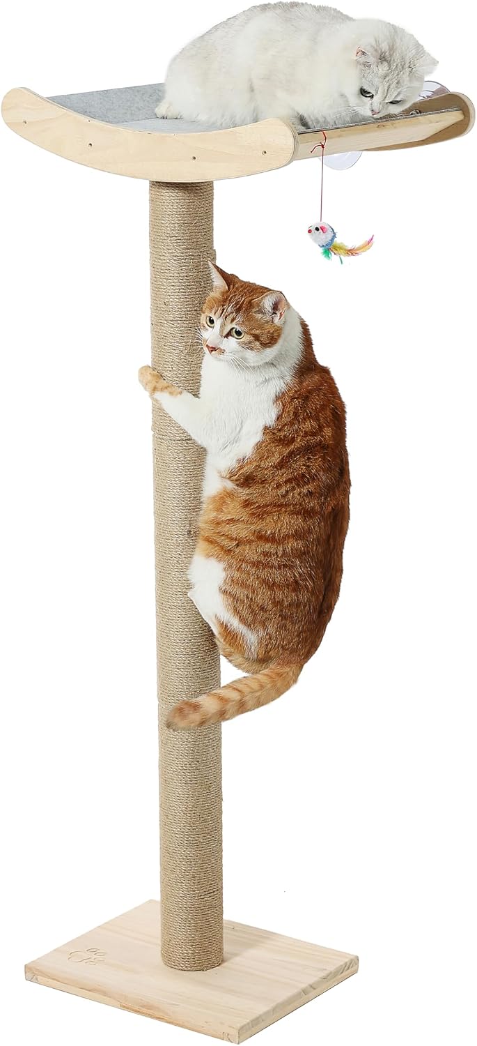 Cat Window Perch with Scratching Posts, 46-Inch Wooden Tree for Large Cats