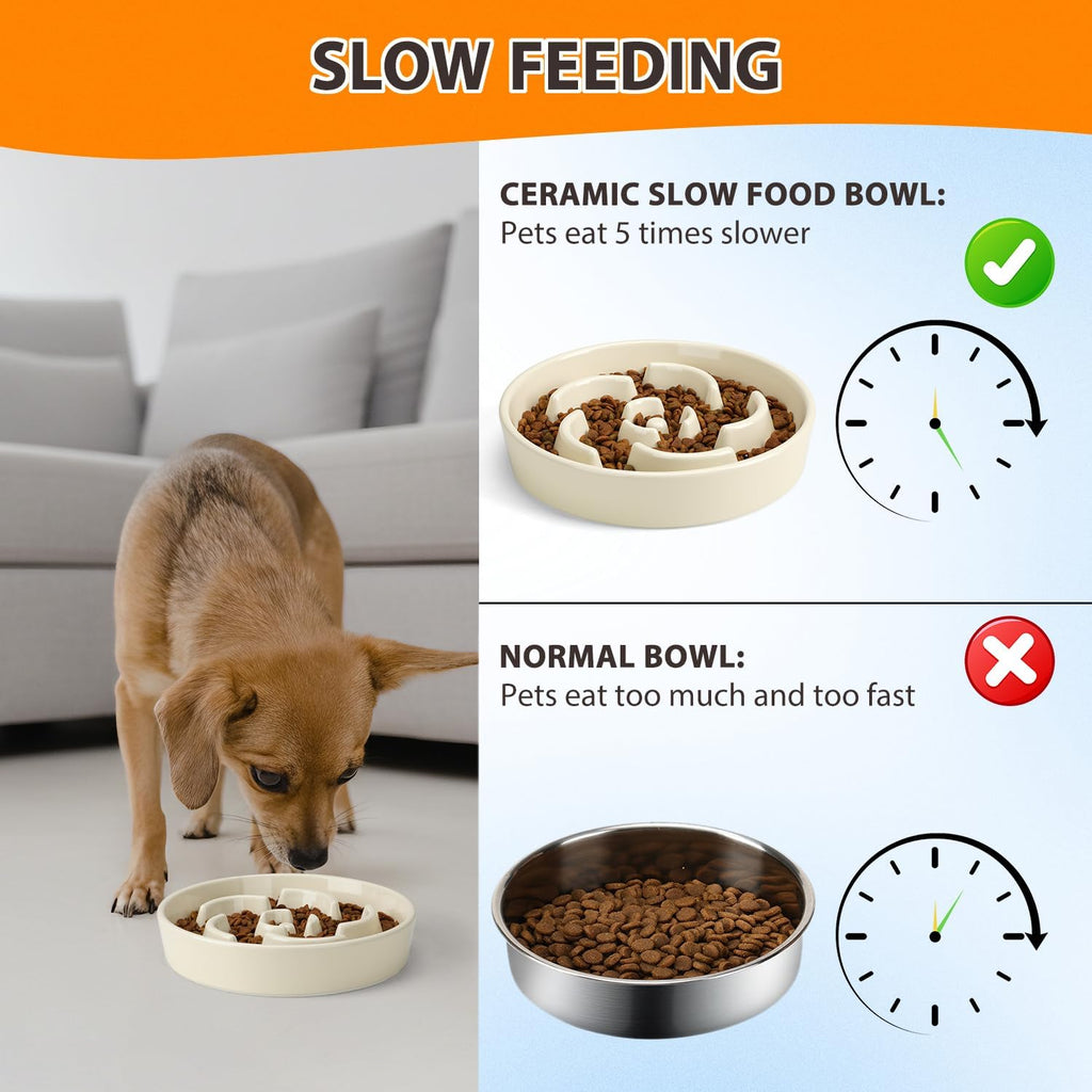 Ceramic Slow Feeder Dog Bowl, 2 Cups Maze Puzzle Dish to Slow Down Eating