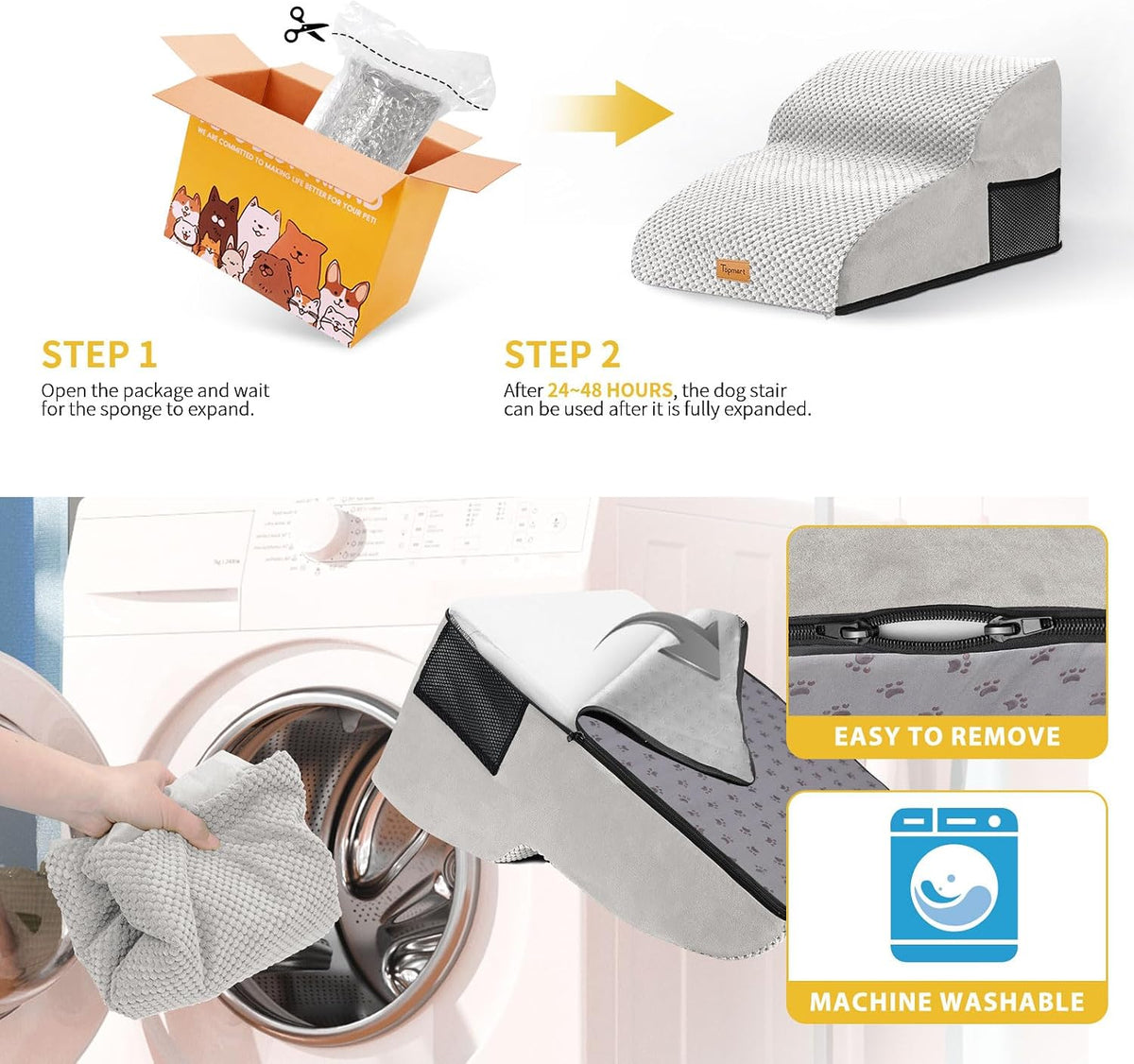 2-Step Dog Stairs for Small Dogs, Non-Slip Foam Pet Steps for Low Couch Bed