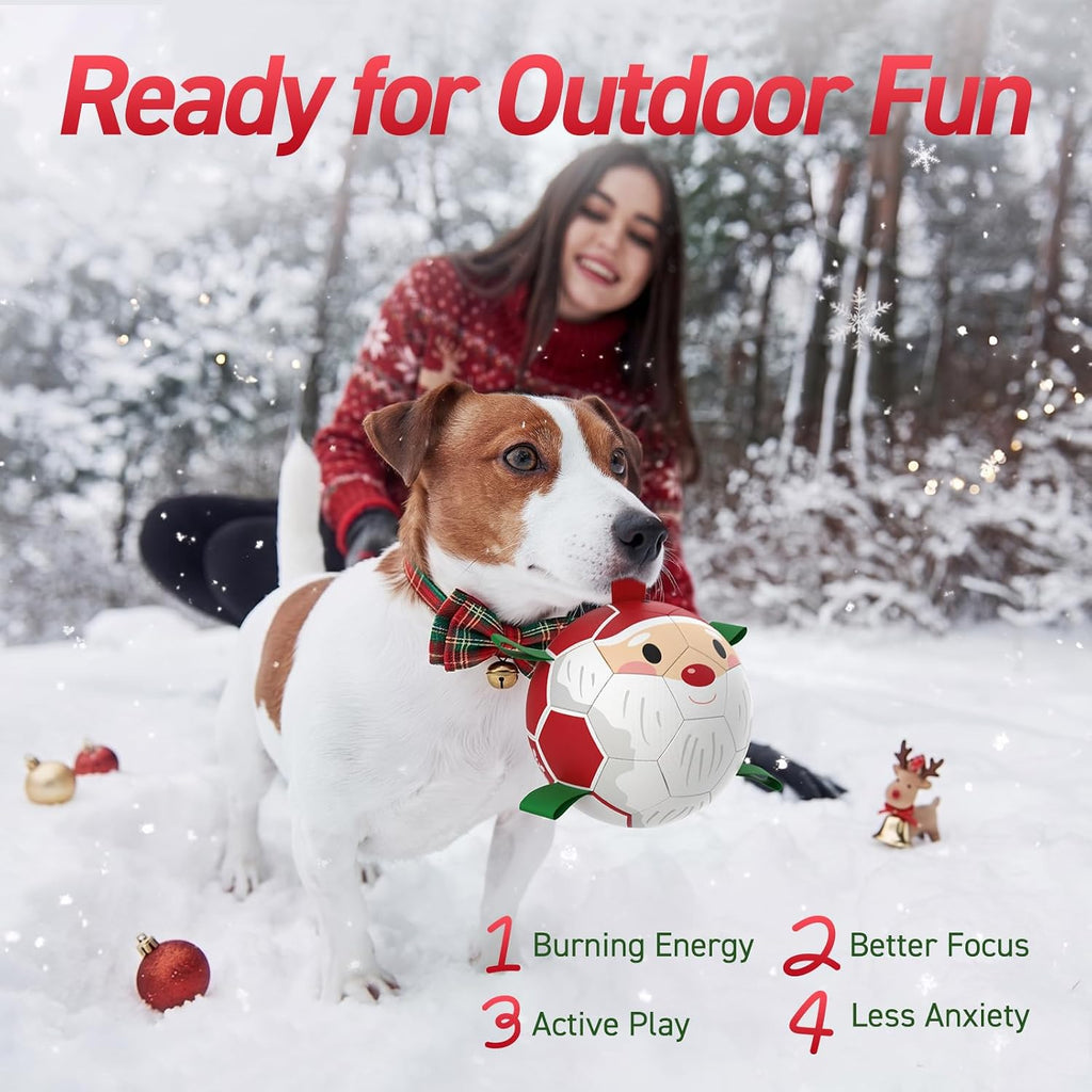 QDAN Christmas Dog Balls with Straps, Soccer Ball for Dogs for Small Medium Breed, Tug Toys for Dog Birthday, 6 Inch Outdoor Dog Toys for Fun